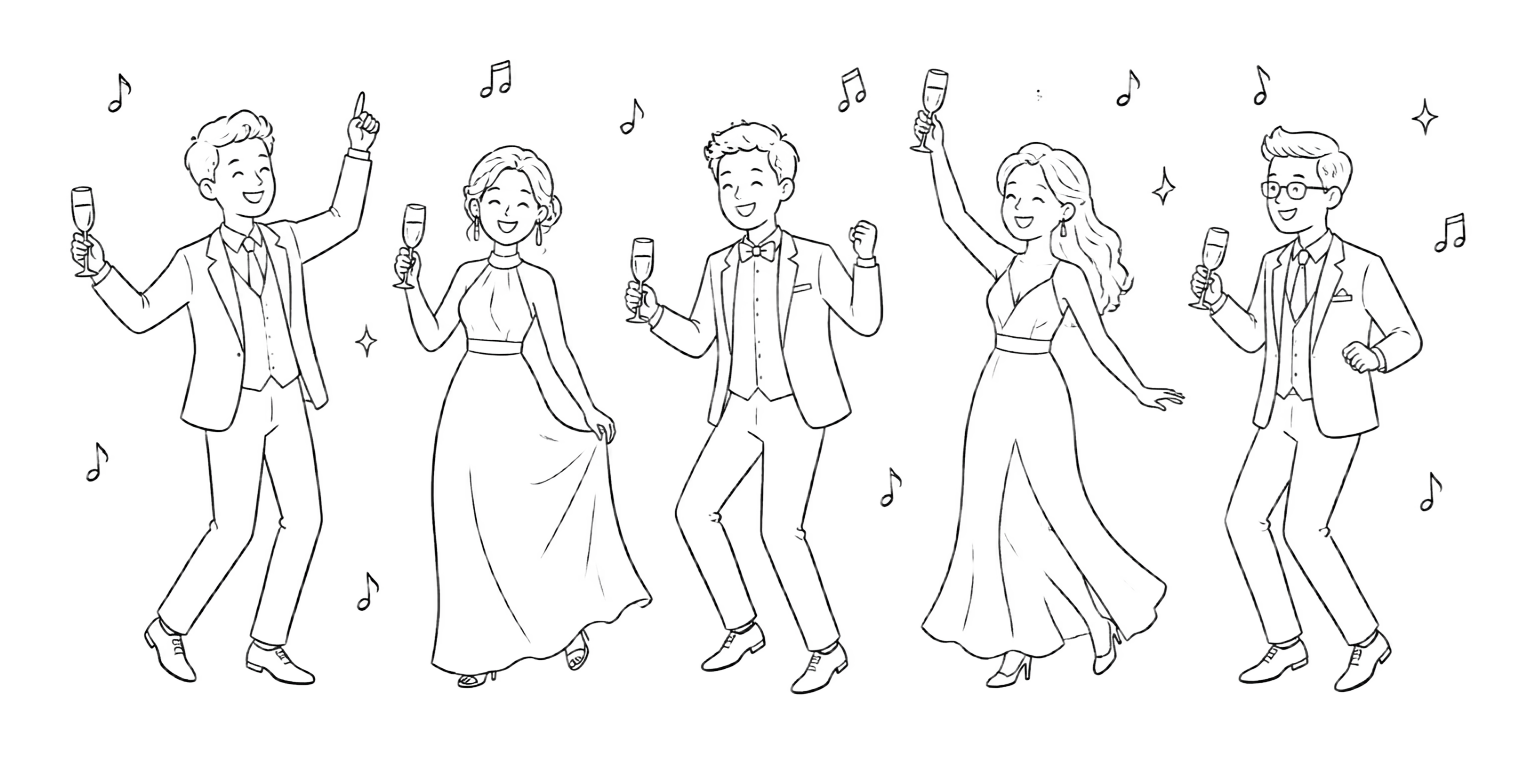 Ilustración de invitados bailando